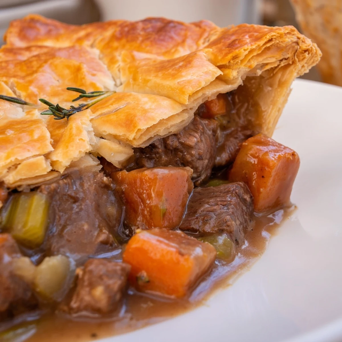 Close-up of Savory Beef and Ale-Free Pie filling with diced carrots and celery in rich gravy.