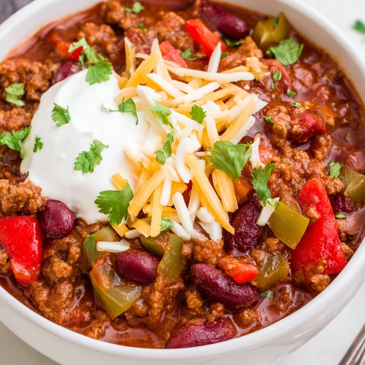A bowl of steaming Spicy Beef and Kidney Bean Chili topped with sour cream and cilantro.