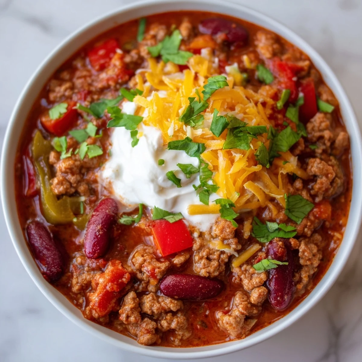 Spicy Beef and Kidney Bean Chili served with shredded cheese and fresh green onions for garnish.
