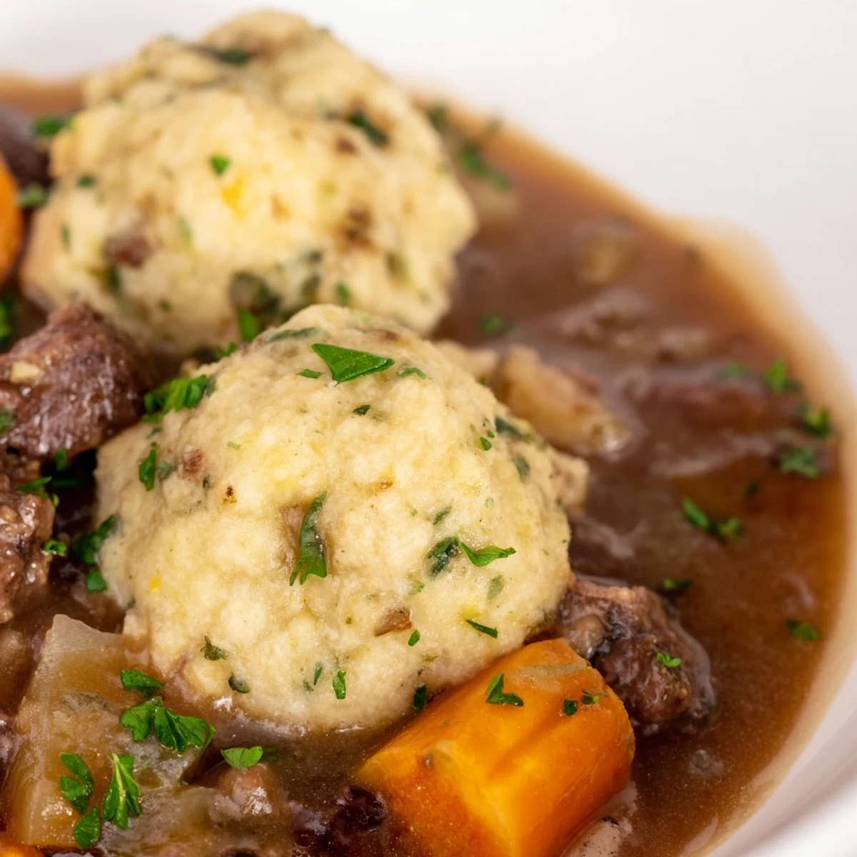 Steaming beef stew with herb dumplings bubbling in a Dutch oven, next to rustic bread.