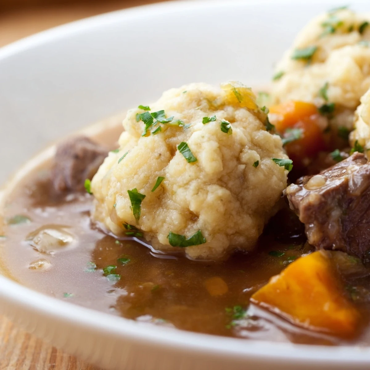 Tender beef and root vegetables simmer in rich gravy under fluffy herb dumplings.