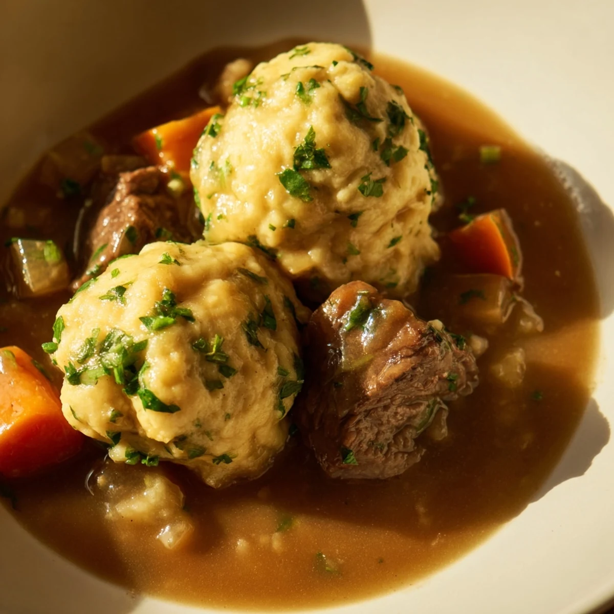 Hearty Beef Stew with Herb Dumplings served in a rustic bowl with steam rising.