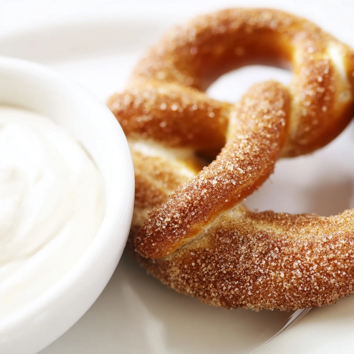 Freshly baked Cinnamon Sugar Soft Pretzels with Dip, golden-brown and coated in warm spices, displayed next to a creamy vanilla dip on a rustic board.