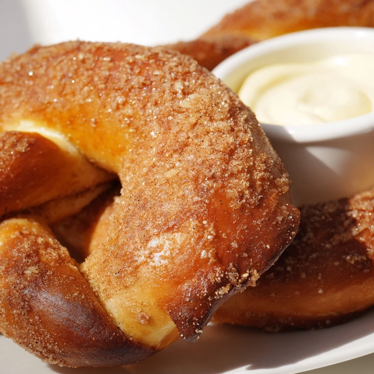 Stack of warm Cinnamon Sugar Soft Pretzels with Dip, soft and pillowy, ready to be dunked into a rich vanilla cream cheese dip.