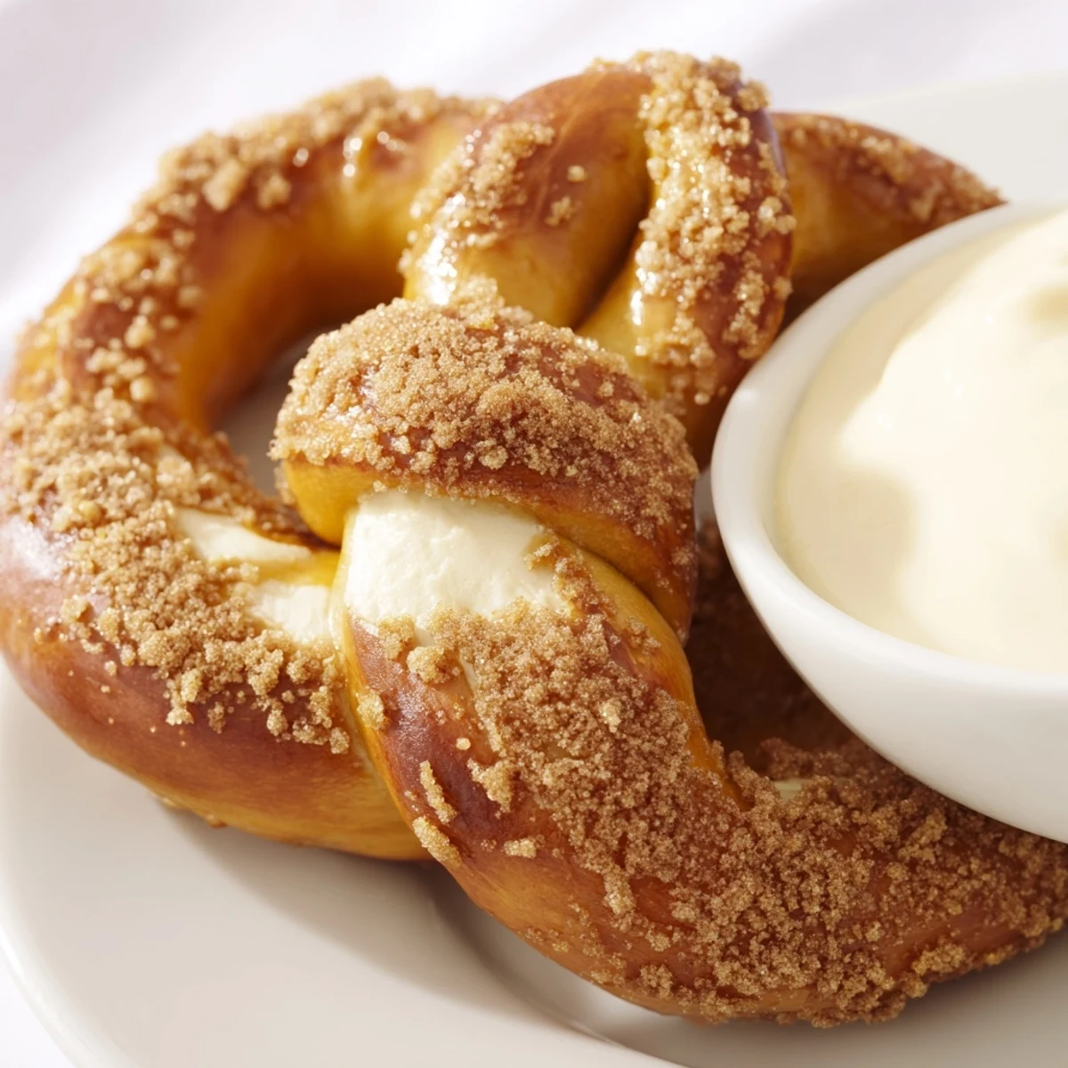 Homemade Cinnamon Sugar Soft Pretzels with Dip, freshly dipped and sparkling with cinnamon sugar, served on a white plate for a sweet snack.
