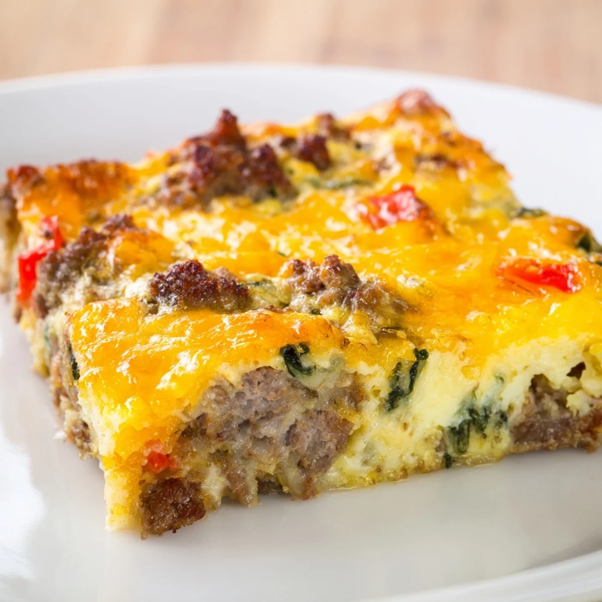 A warm, golden Savory Breakfast Casserole with Sausage & Beef, fresh from the oven and ready to slice.