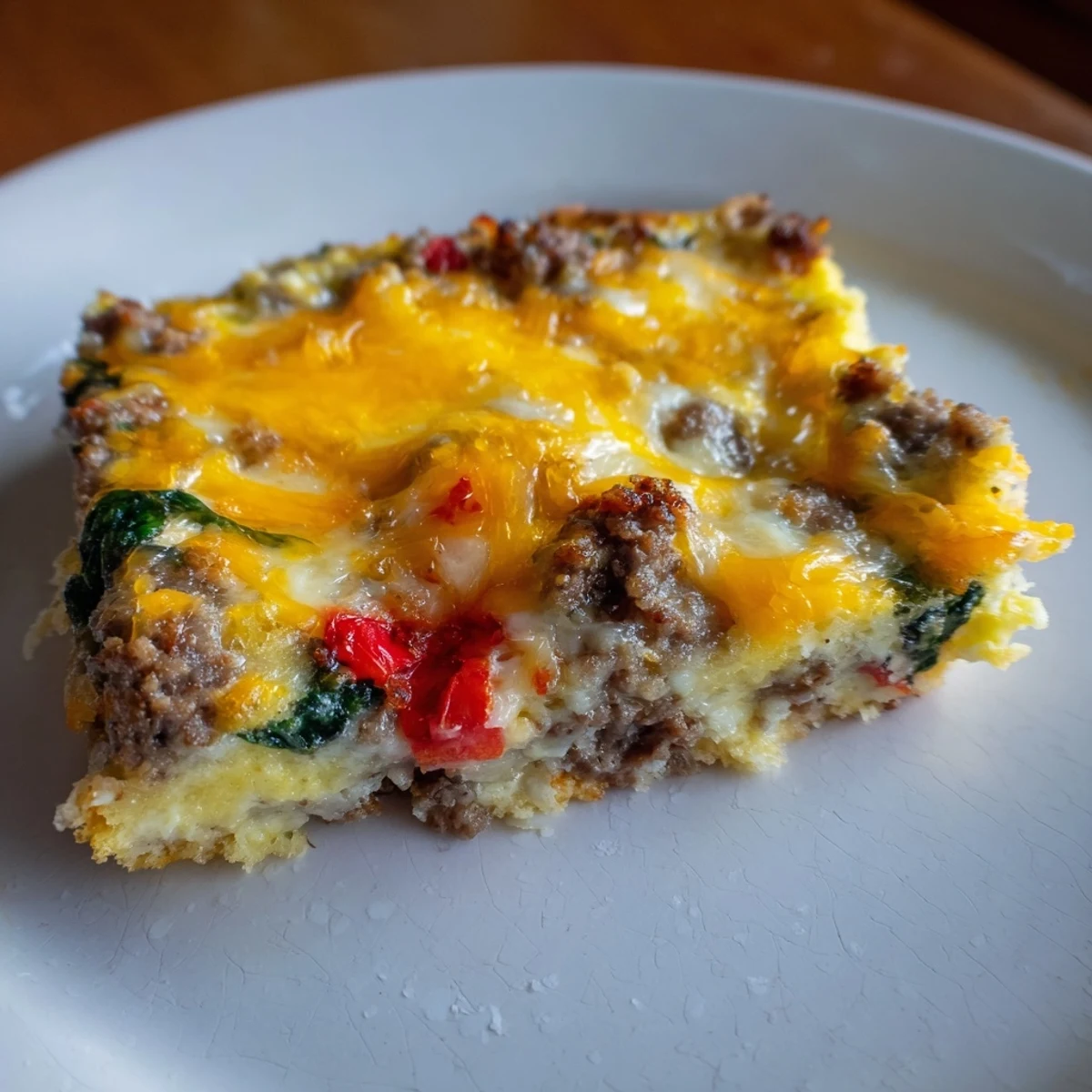 Fork-cut slice of Savory Breakfast Casserole with Sausage & Beef, revealing layers of beef, eggs, and cheese.