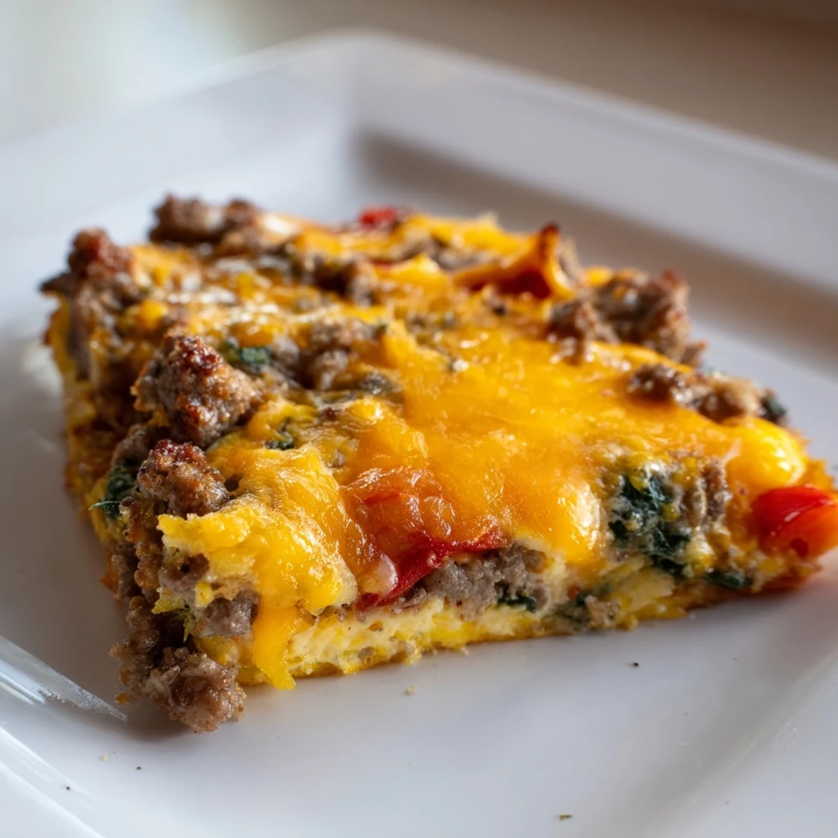 Plated Savory Breakfast Casserole with Sausage & Beef beside roasted tomatoes, perfect for a hearty brunch.