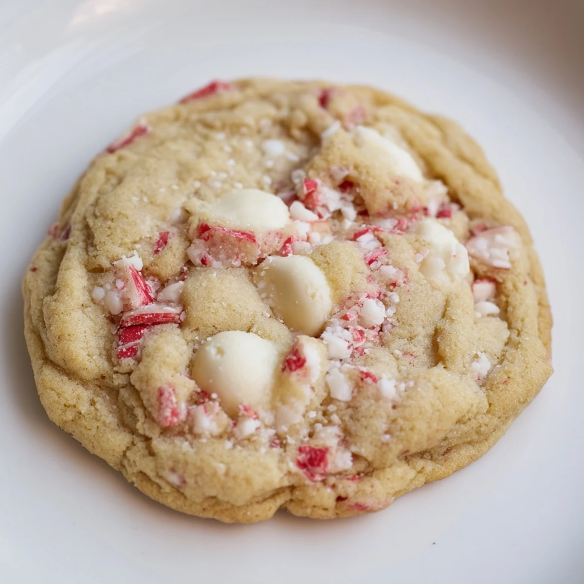Freshly baked peppermint white chocolate chunk cookies topped with crushed candy canes for crunch.