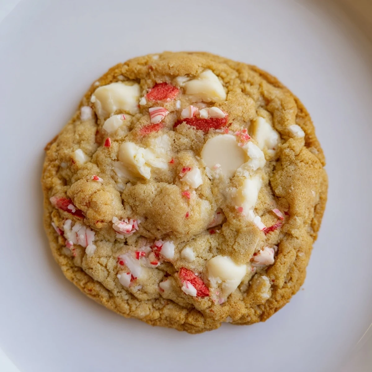 Peppermint white chocolate chunk cookies with a soft, buttery texture on a baking sheet.