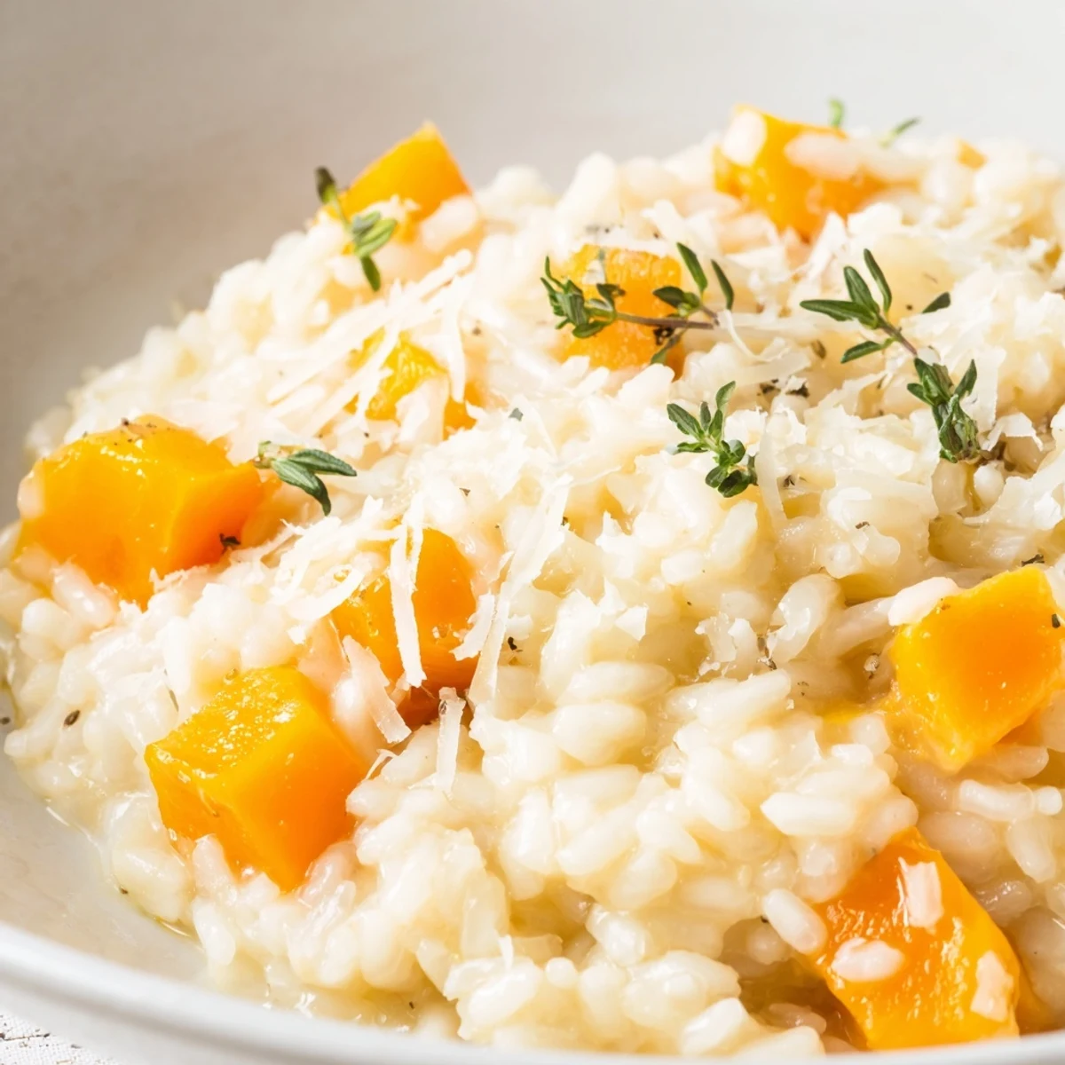 A close-up of creamy Winter Squash Risotto with Parmesan, garnished with thyme, in a rustic bowl.