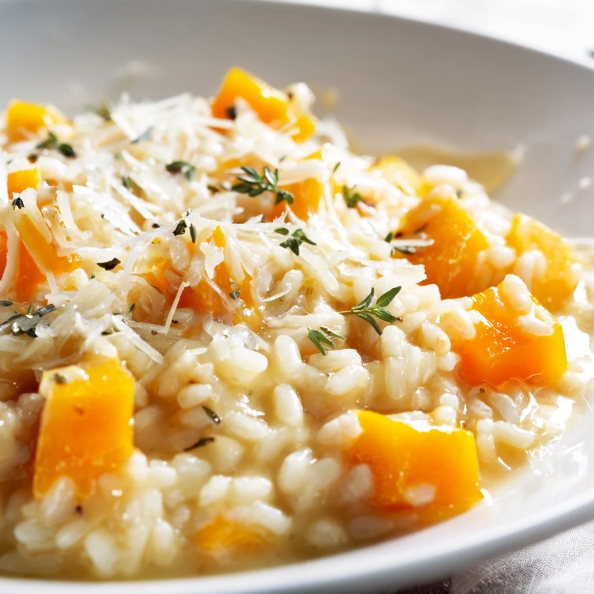 Overhead view of Winter Squash Risotto with Parmesan, topped with fresh thyme and extra Parmesan on a table.