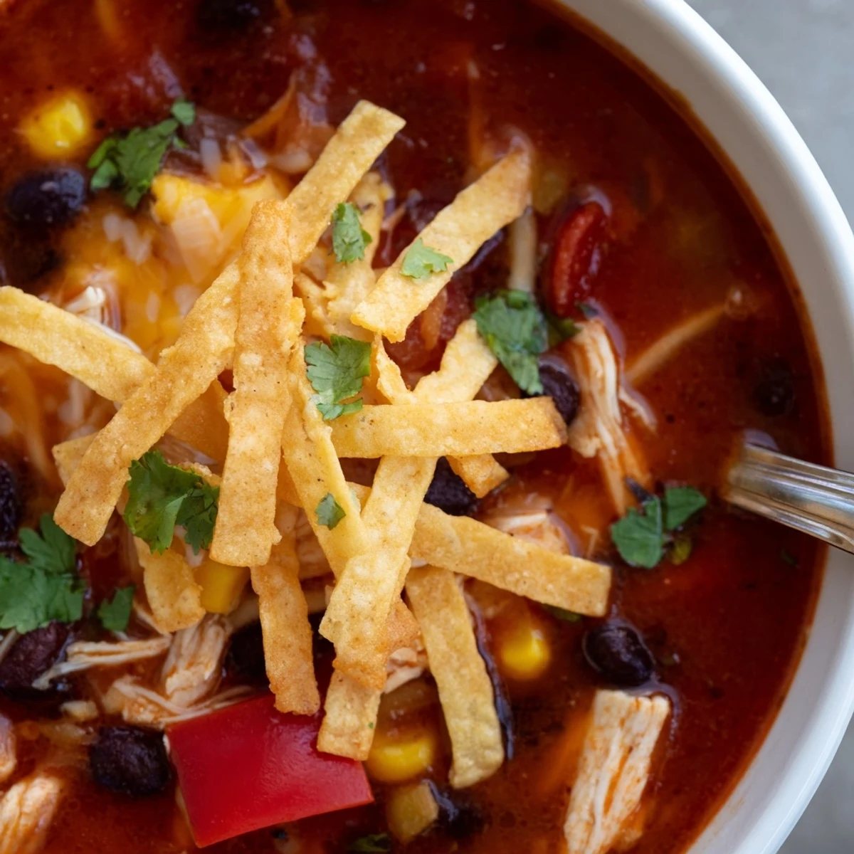 A hearty bowl of Chicken Tortilla Soup with Crispy Strips served with avocado and lime wedges.