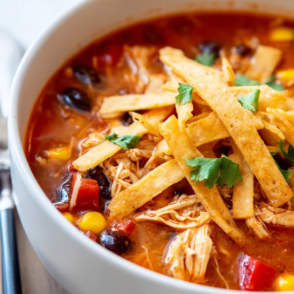 Steaming bowl of Chicken Tortilla Soup with Crispy Strips topped with fresh cilantro.