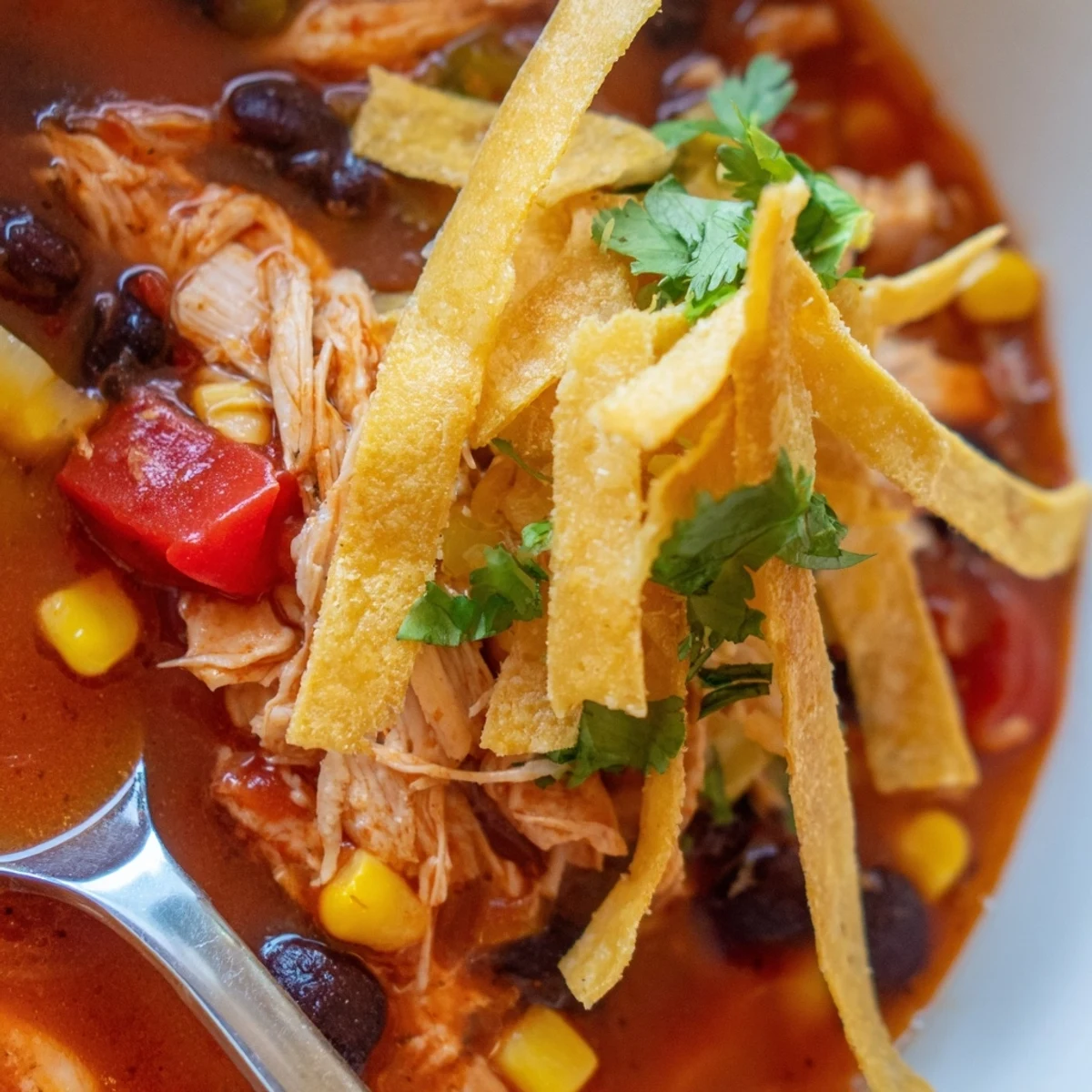 Close-up of Chicken Tortilla Soup with Crispy Strips showing golden baked corn tortilla strips.