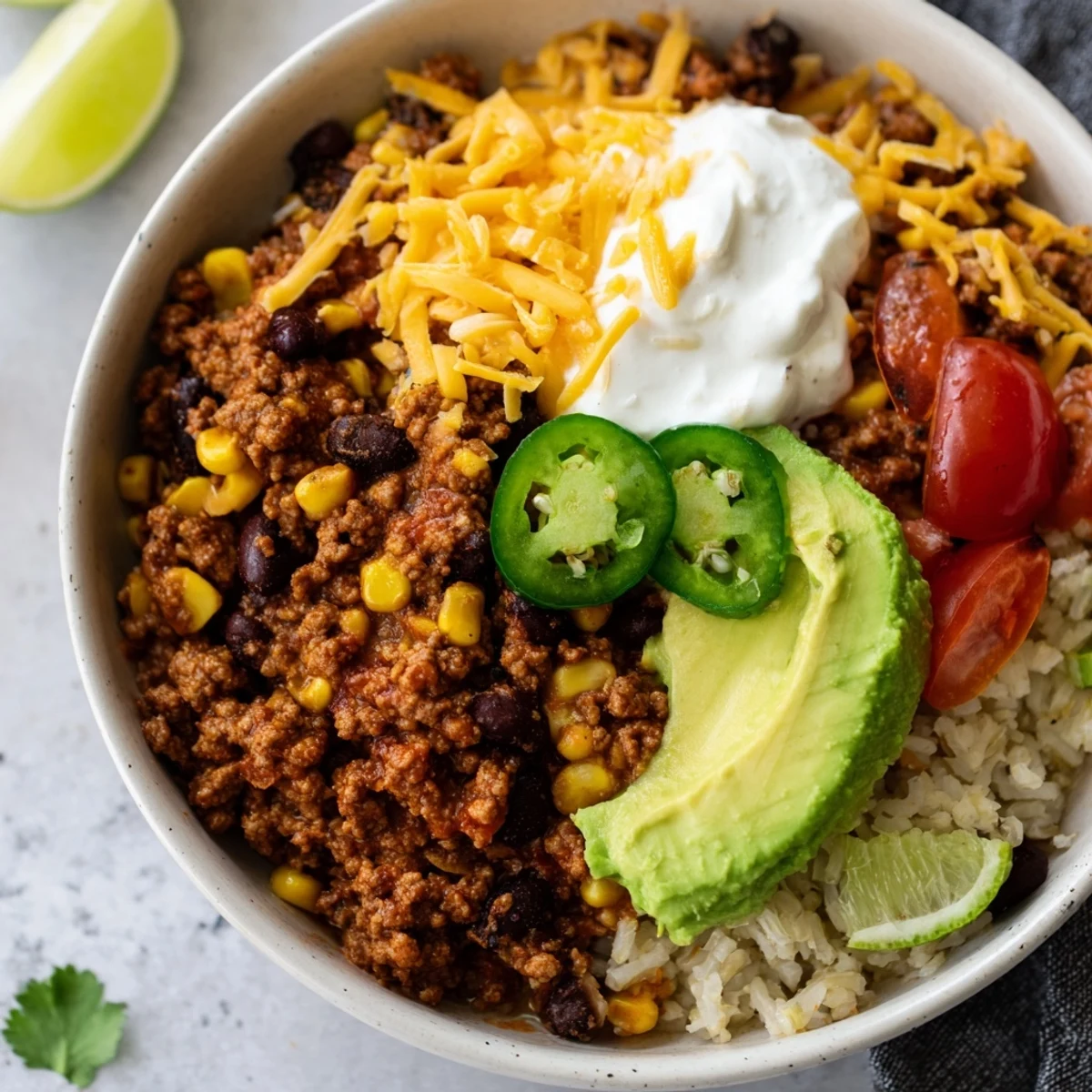 Beef Burrito Bowls with Cilantro Lime Rice layered with seasoned ground beef, black beans, corn, and fresh avocado slices.