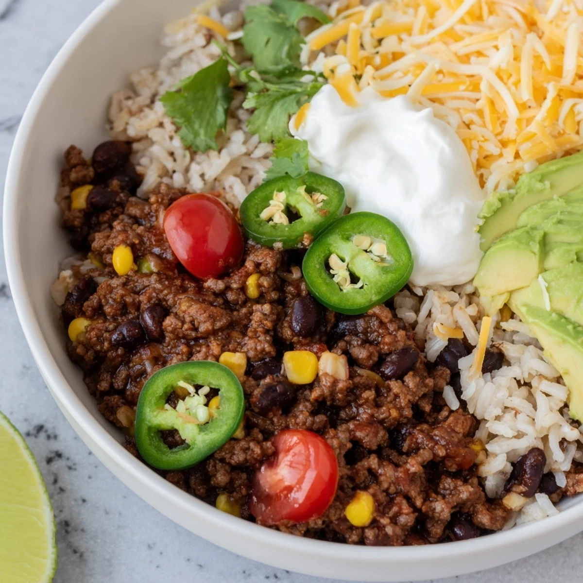 Dinner-ready Beef Burrito Bowls with Cilantro Lime Rice topped with avocado, jalapeños, and lime wedges for a gluten-free meal.
