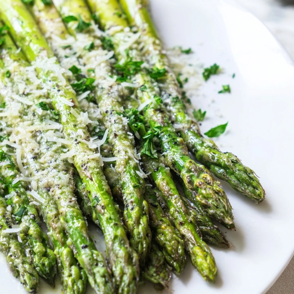 Golden roasted asparagus with Parmesan cheese and fresh parsley, served warm on a white plate with lemon wedges.