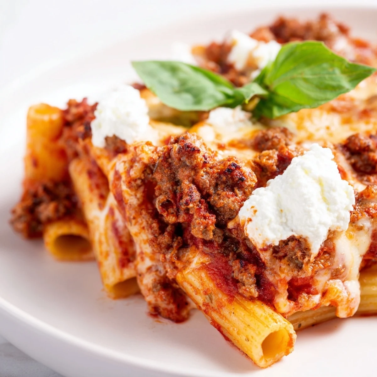 Freshly baked Baked Ziti with Ground Beef and Mozzarella in a dish, topped with bubbly, golden-brown cheese.