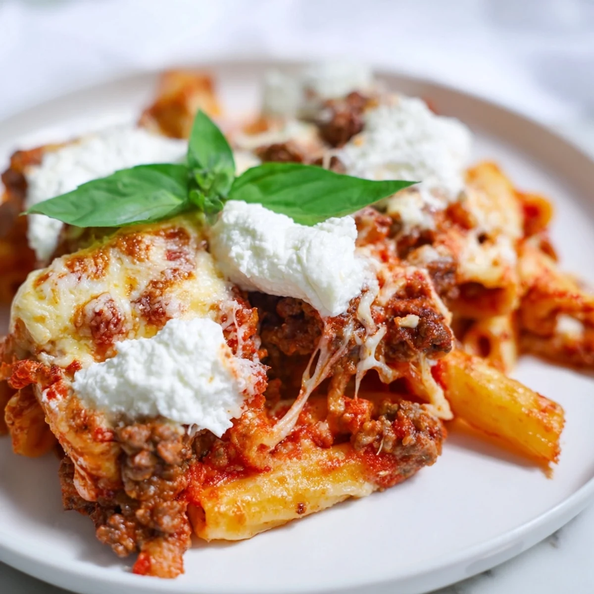 Sliced Baked Ziti with Ground Beef and Mozzarella served on a white plate, ready for a family dinner.