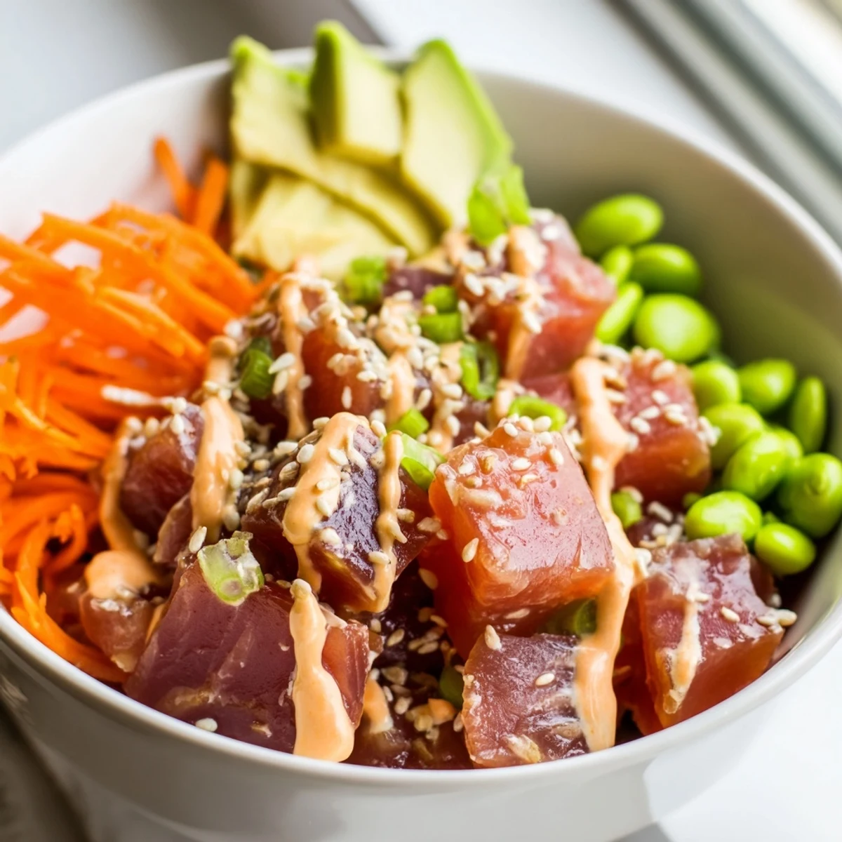 An inviting Spicy Tuna Poke Bowl with Sriracha Mayo showcases fresh ingredients like edamame, cucumber, and pickled ginger, perfect for a quick and healthy lunch.