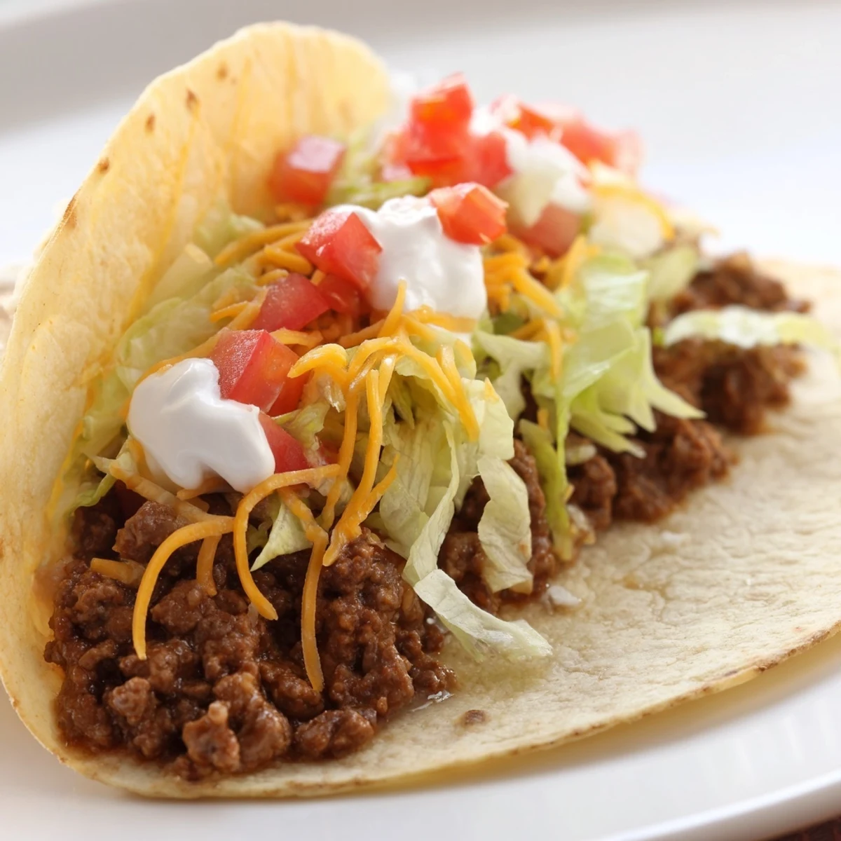 Warm Beef Tacos with Homemade Taco Seasoning topped with lettuce, cheese, and sour cream on a plate.