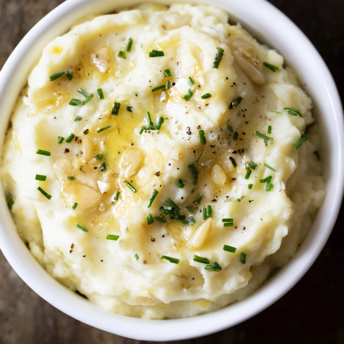 Golden roasted garlic cloves being mashed into fluffy Yukon Gold potatoes for a savory American side dish.