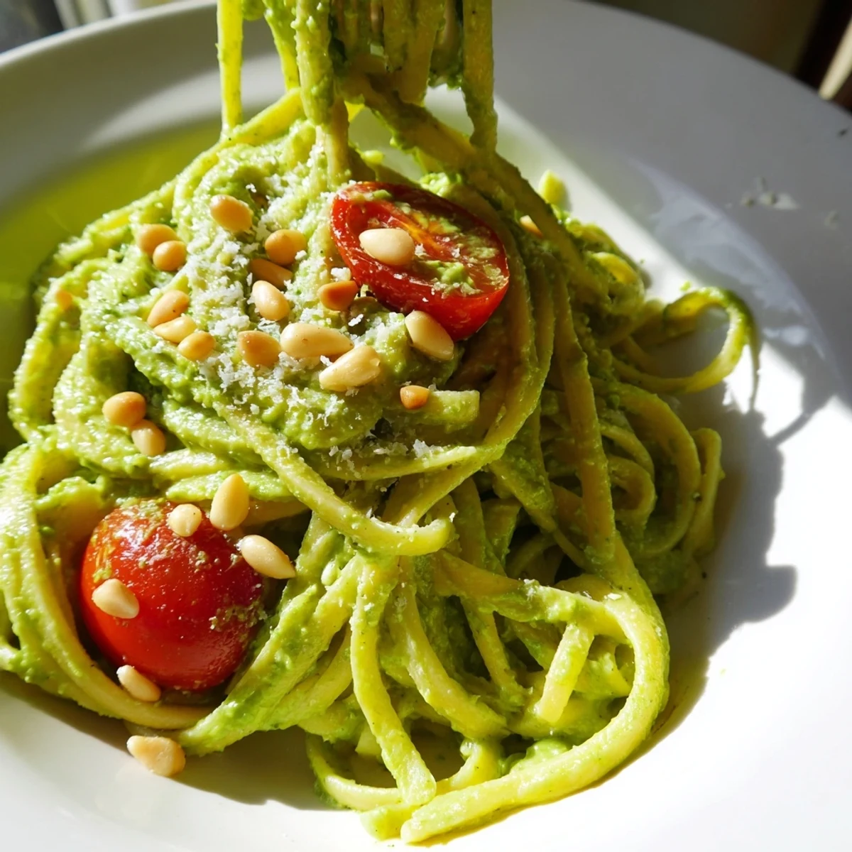 Creamy Avocado Lime Pasta with Cherry Tomatoes served in a white bowl, garnished with fresh basil and toasted pine nuts for crunch.