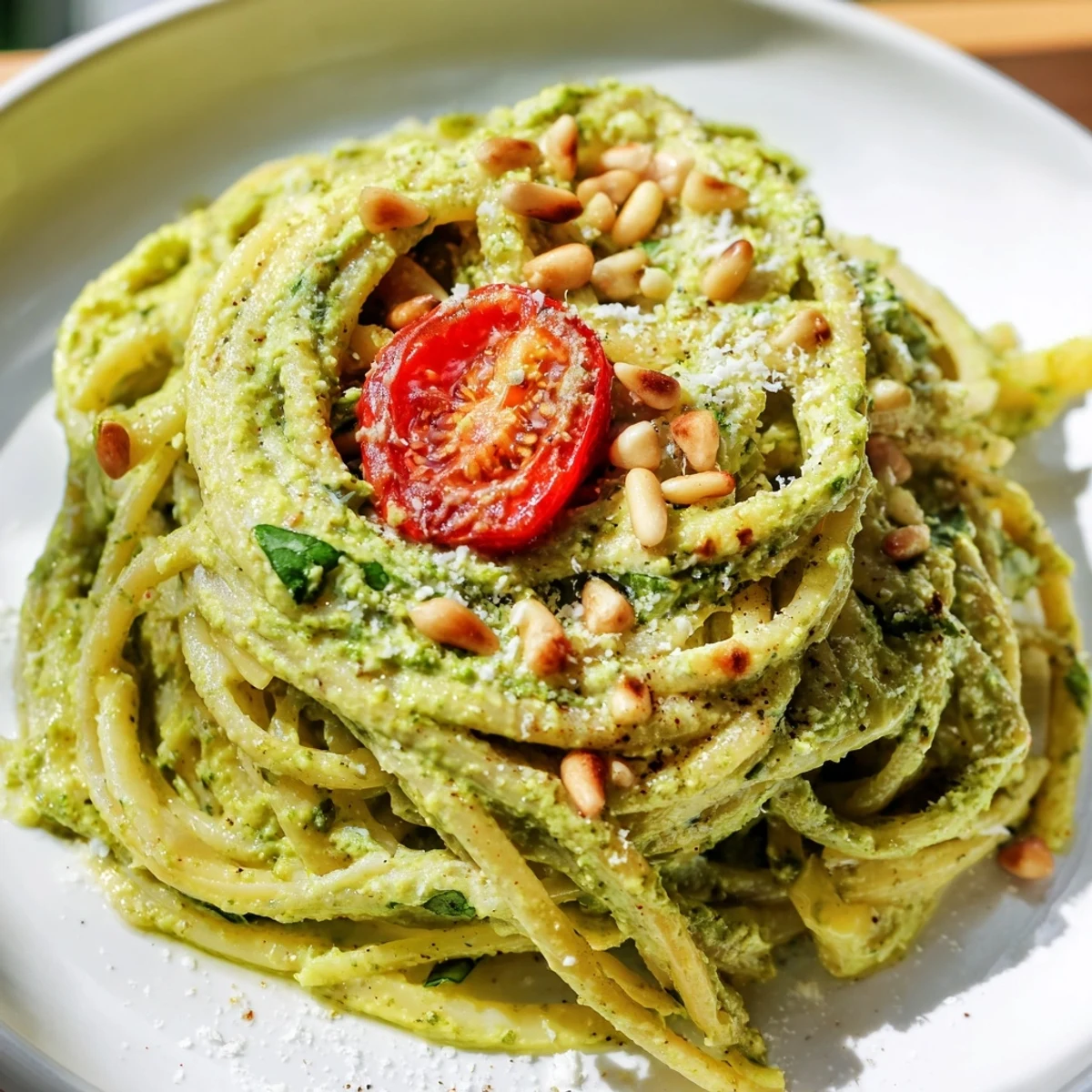 Al dente spaghetti coated in vibrant green avocado-lime sauce, tossed with halved cherry tomatoes for a fresh, healthy weeknight meal.