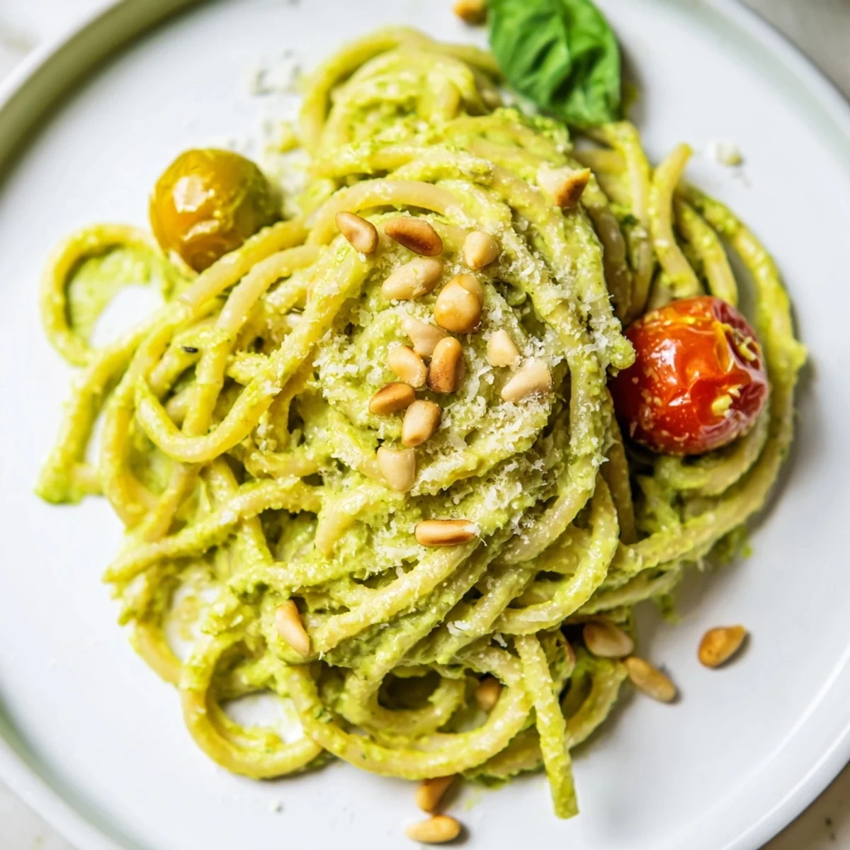 Close-up of Creamy Avocado Lime Pasta with Cherry Tomatoes, highlighting a luscious sauce and juicy tomato halves on a rustic table.