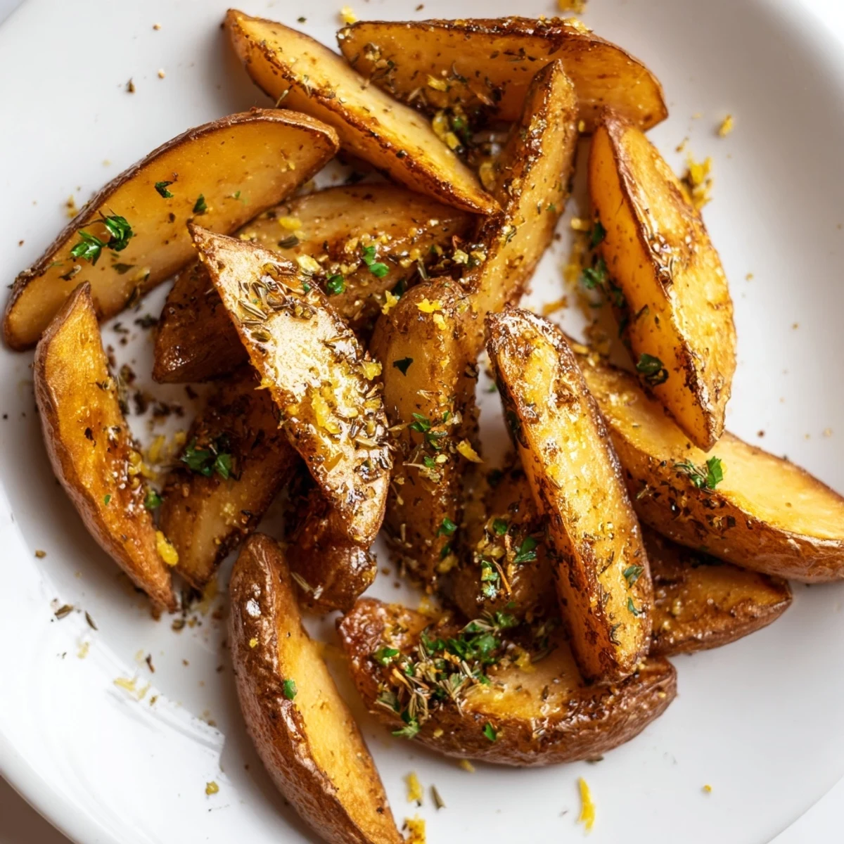 Golden-brown Lemon Potato Wedges, freshly baked with crispy edges and fragrant herbs, served on a rustic platter with lemon wedges.
