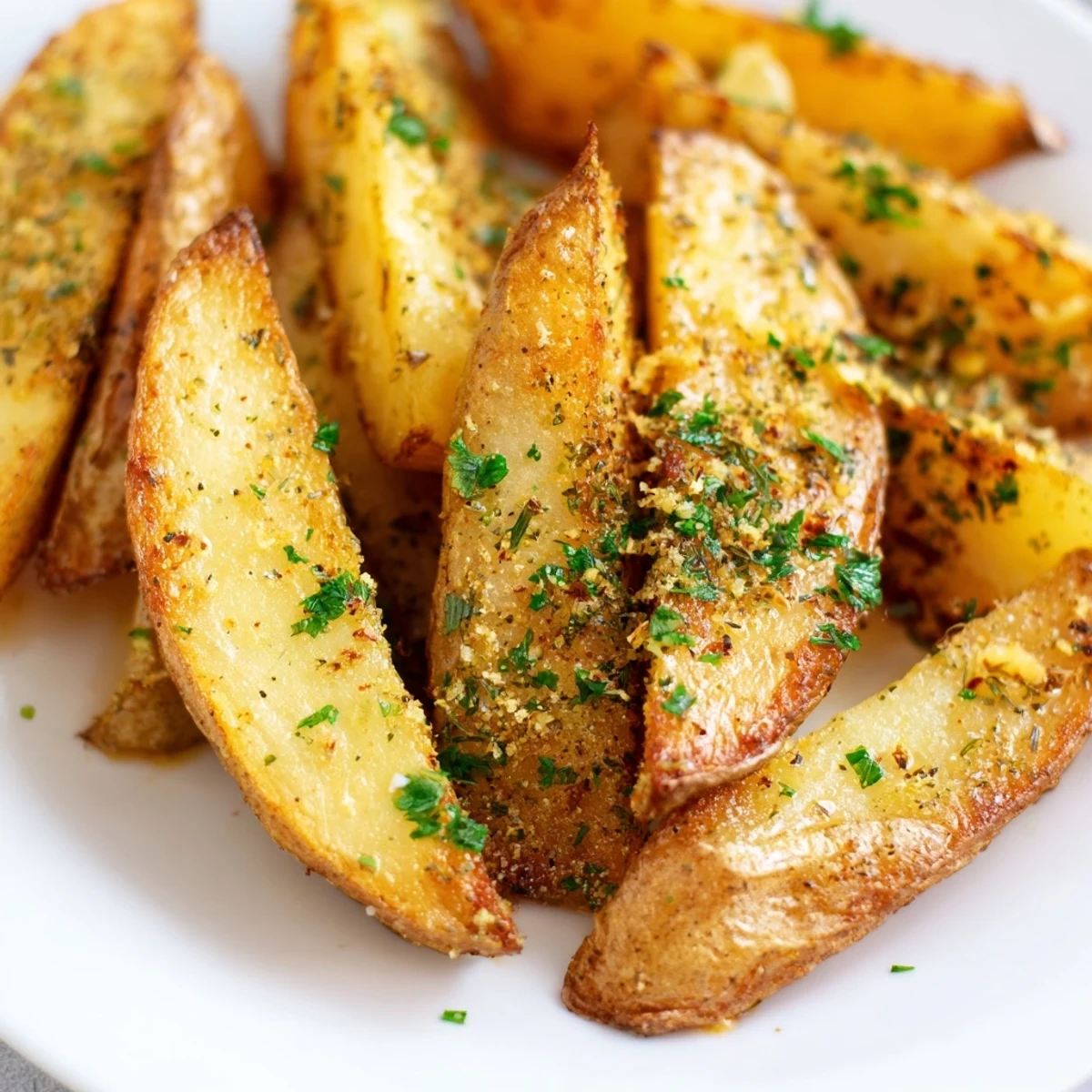 Freshly baked Lemon Potato Wedges, seasoned with garlic and herbs, ready to serve alongside a creamy Greek yogurt dip.