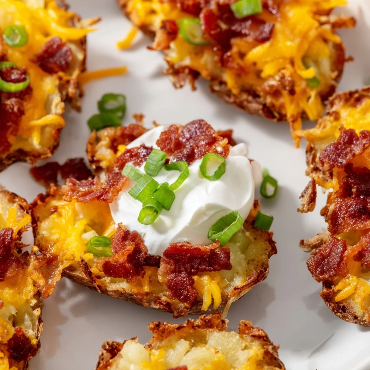 Crispy Potato Skins with melted cheddar and smoky bacon crumbles, topped with fresh green onions and a dollop of sour cream.