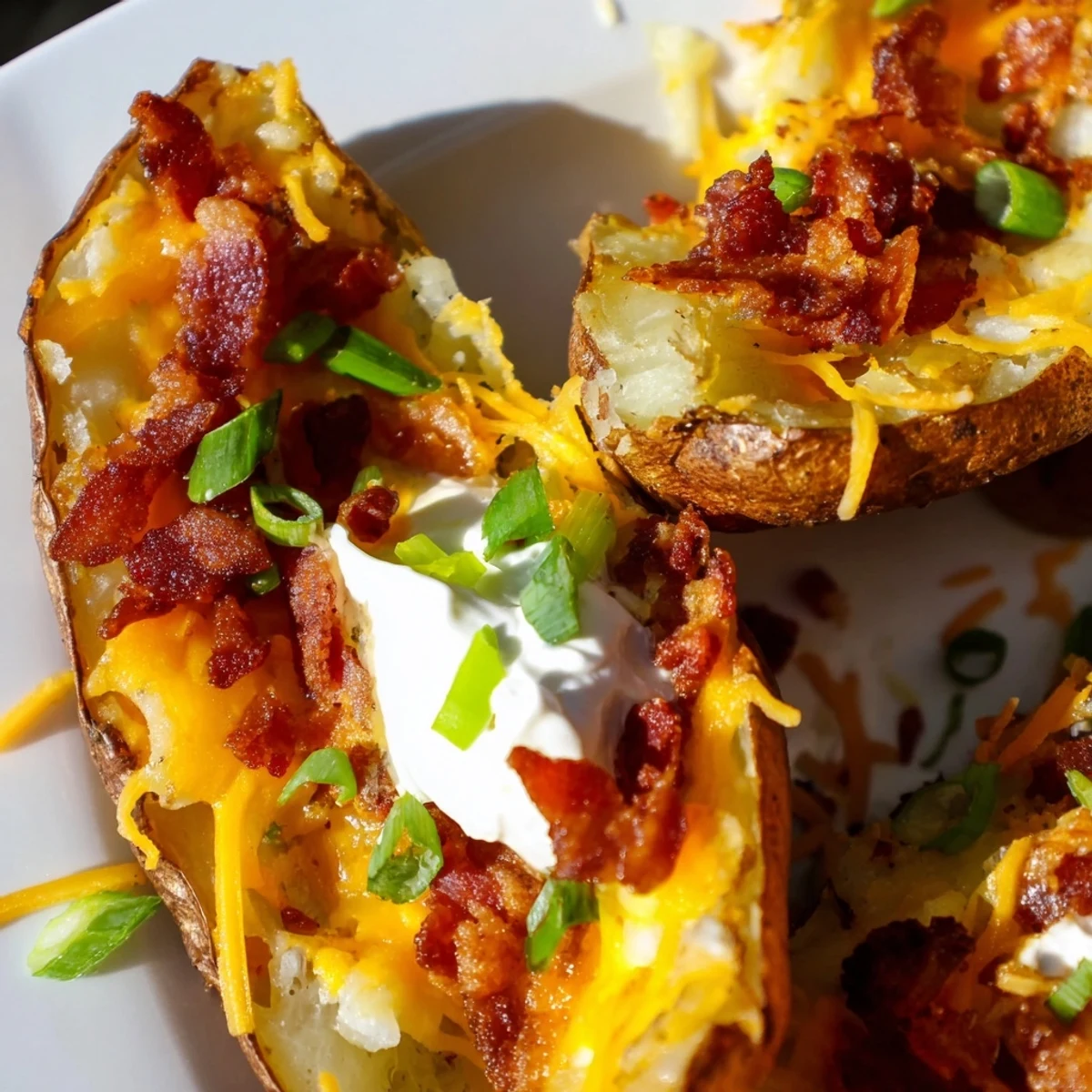 Easy homemade Crispy Potato Skins fresh from the oven, golden brown and bubbling with cheese and bacon on a rustic serving platter.
