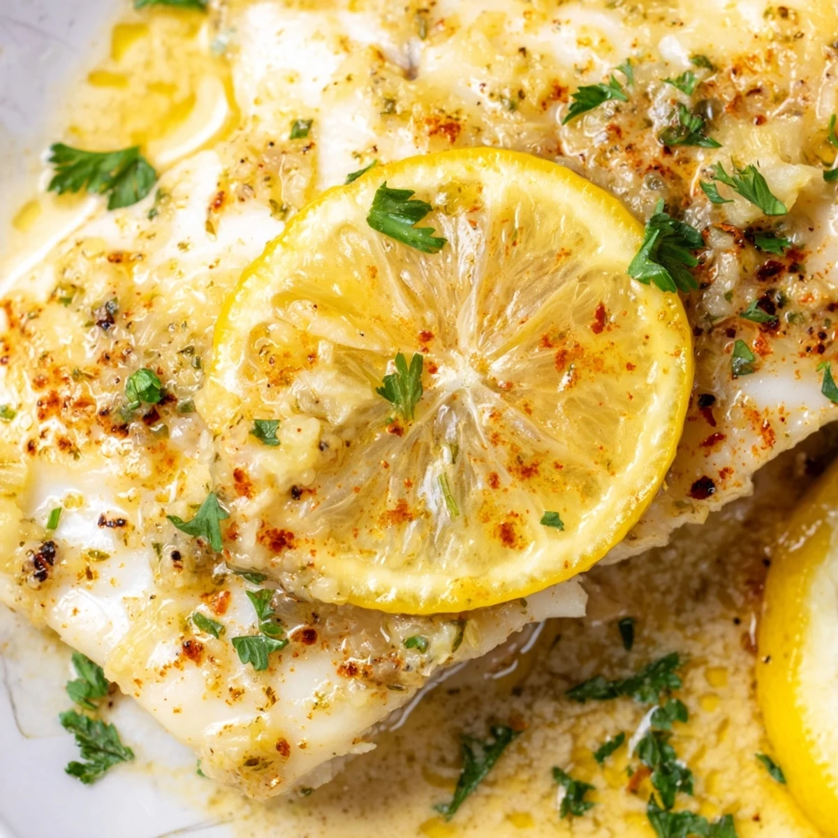 Fork-tender baked fish with lemon butter garnished with fresh parsley and lemon wedges, served alongside roasted asparagus for dinner.