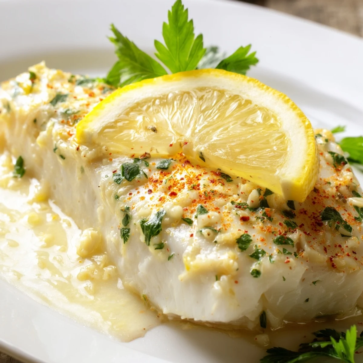 Golden-brown baked fish fillets glistening with lemon butter sauce, topped with fresh parsley and lemon slices on a white platter.