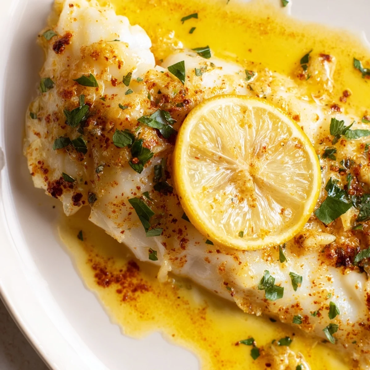 Moist white fish fillets baking in a dish with melted lemon butter, garlic, and herbs, ready to serve.