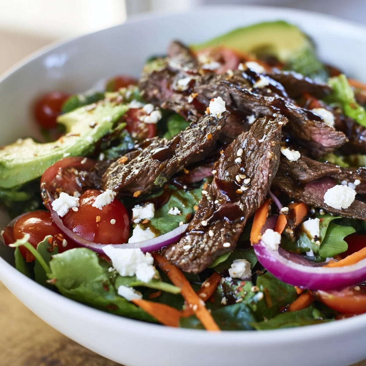 Freshly seared beef strips rest on a bed of crisp greens, sliced cucumber, and julienned carrot in this hearty Beef Salad Bowl. 