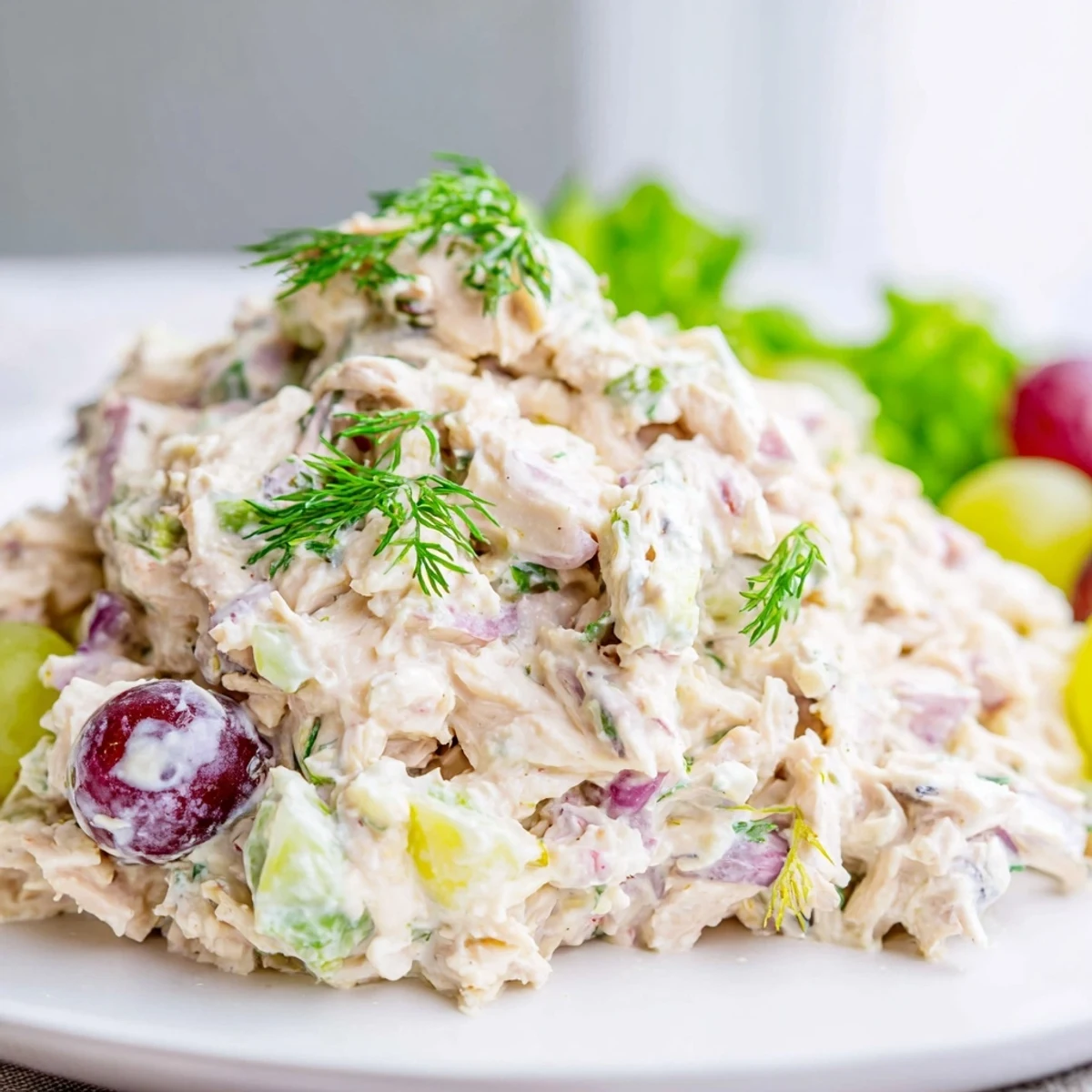 Close-up of a creamy Chicken Salad Scoop with diced chicken, celery, red onion, and fresh herbs, garnished with dill.