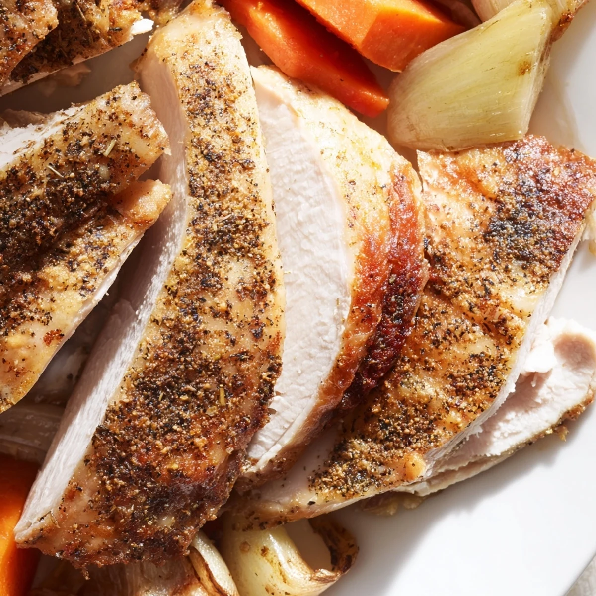 Golden-brown turkey pan roast with crispy skin rests on a bed of caramelized carrots, onions, and celery, garnished with fresh thyme.