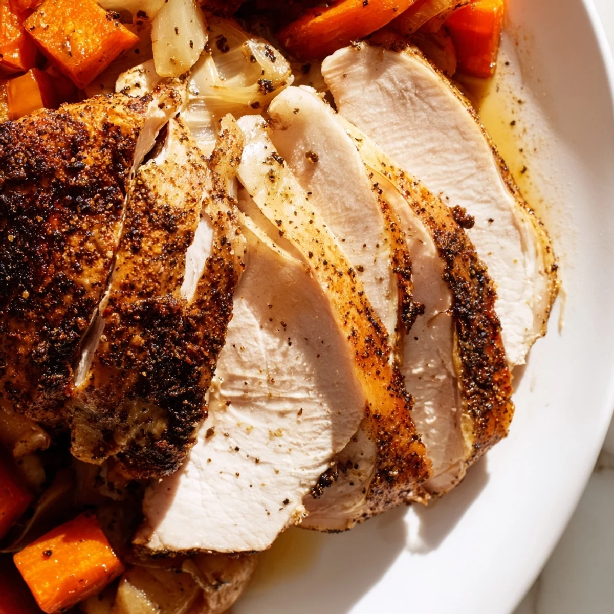 Succulent turkey pan roast just out of the oven, steaming in a roasting pan surrounded by tender garlic and herb vegetables.