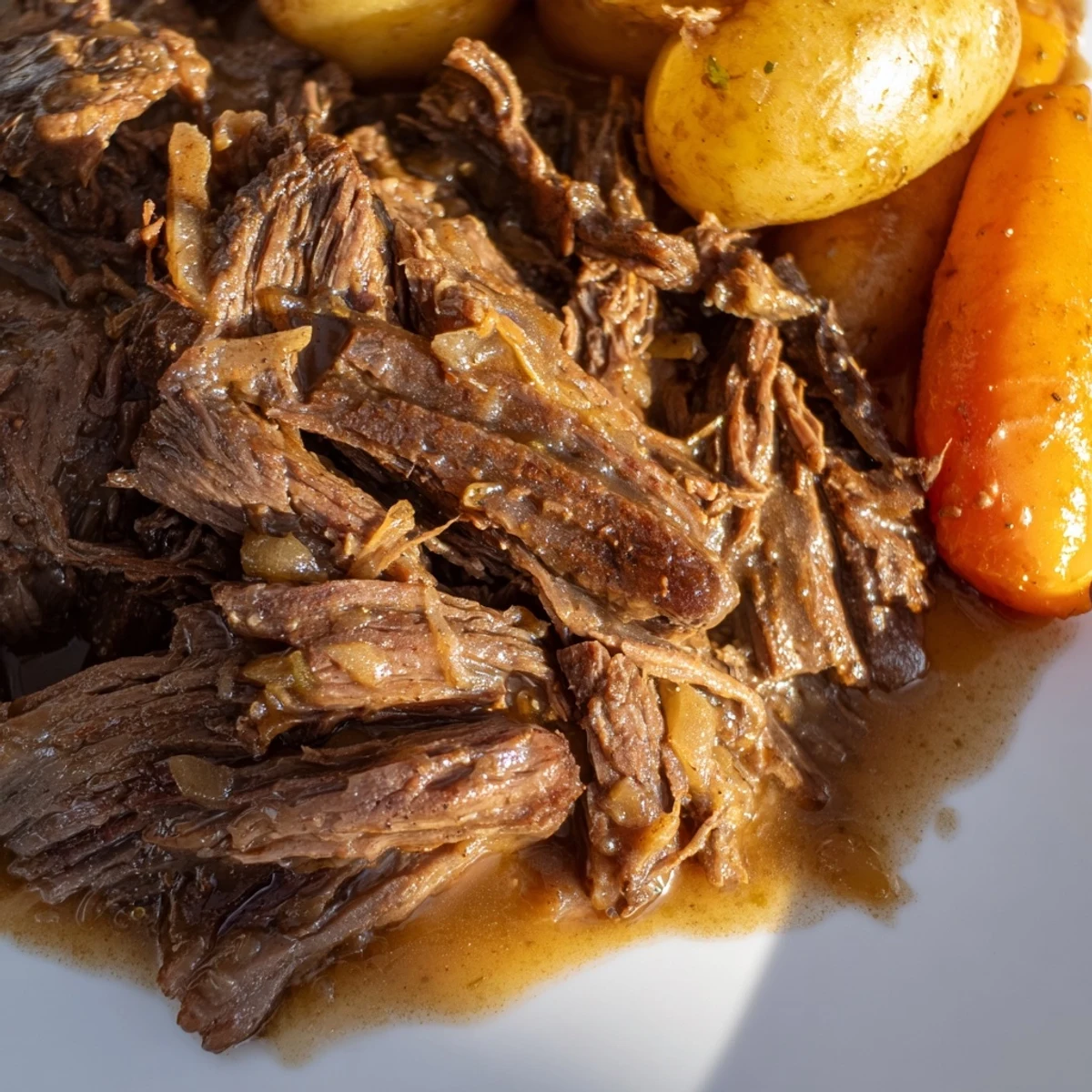 Slow Cooker Beef Roast with tender chunks of beef and soft carrots, served in a rustic bowl.