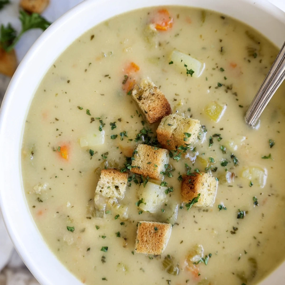 Homemade Creamy Soup Bowl with tender carrots and potatoes, steaming in a rustic bowl, ready to serve with crusty bread.