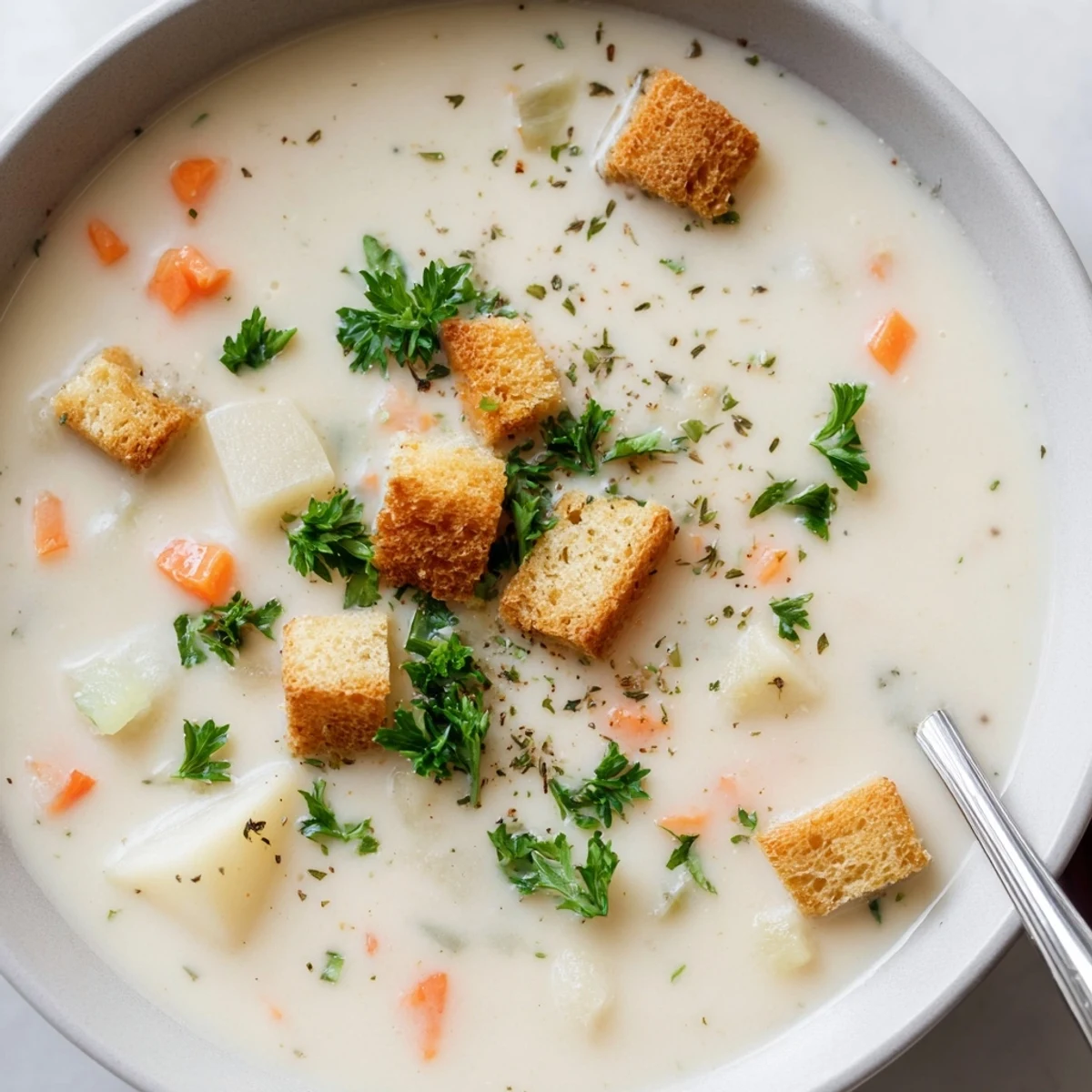 Creamy Soup Bowl garnished with fresh parsley and croutons, a velvety, comforting vegetarian meal perfect for cozy evenings.