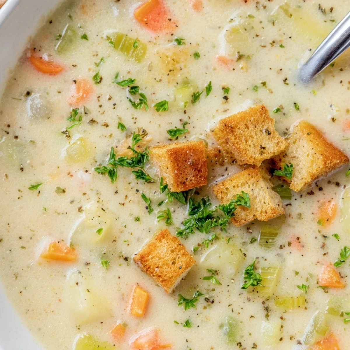 Rich Creamy Soup Bowl topped with croutons, a smooth, blended vegetable purée, ideal for easy weeknight dinners.
