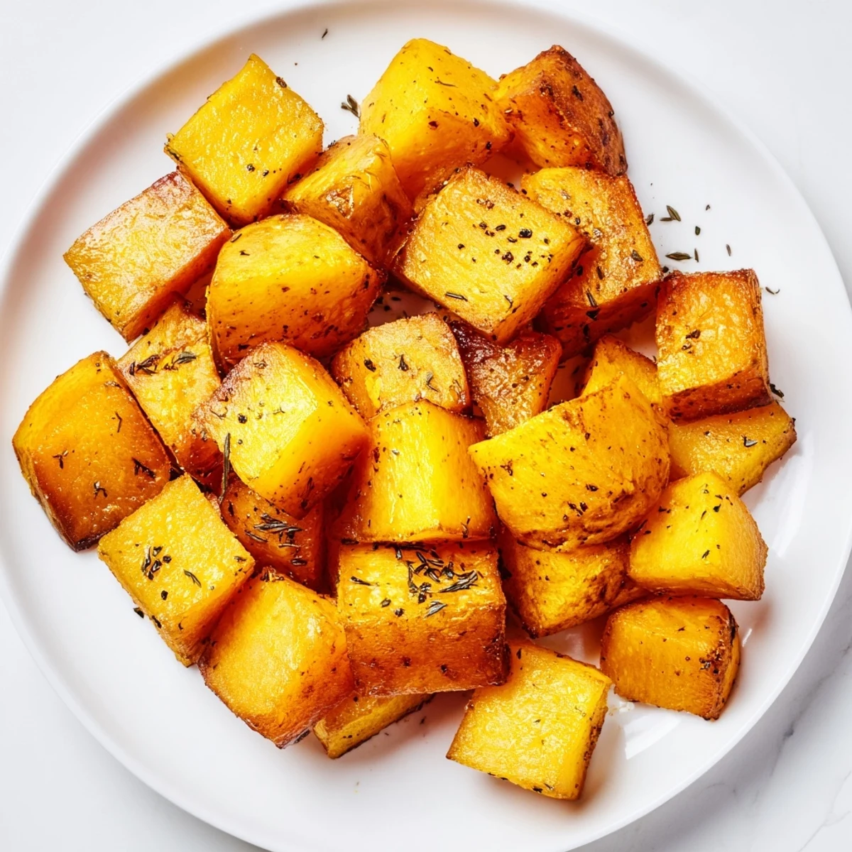 Caramelized pumpkin cubes straight from the oven, tossed in olive oil with aromatic herbs and spices.