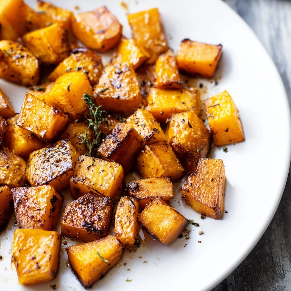 Freshly roasted pumpkin cubes seasoned with thyme and smoked paprika, served warm as a healthy vegan side dish.