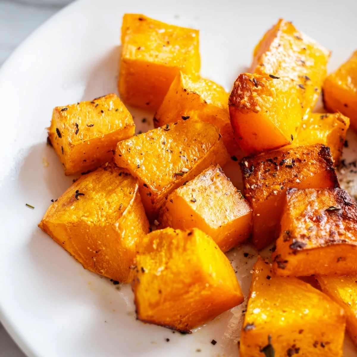 Golden-brown roasted pumpkin cubes, perfectly seasoned for a gluten-free snack or vegetable side dish.