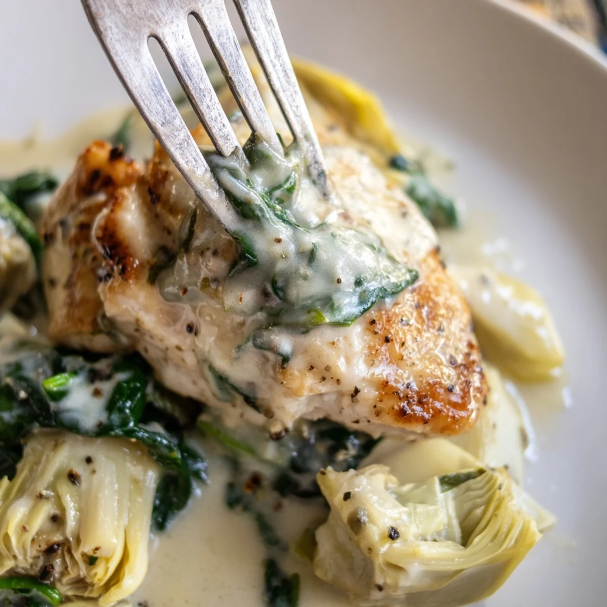 Tender chicken breasts in a Creamy Spinach and Artichoke Chicken Skillet with wilted spinach and artichoke hearts.