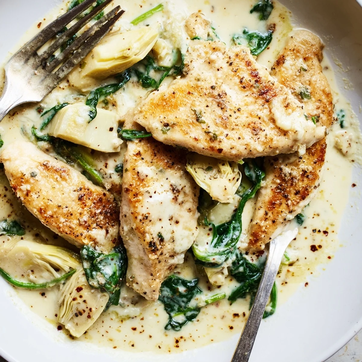 Garlicky Creamy Spinach and Artichoke Chicken Skillet finished with parmesan, perfect for a low-carb dinner.